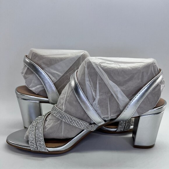 Naturalizer Bridget4 Silver Strappy Rhinestone Sandal Size 8.5 WIDE Block Heel - Picture 6 of 16